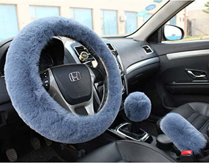 Picture of Valleycomfy Fashion Steering Wheel Covers for Women/Girls/Ladies Australia Pure Wool 15 Inch 1 Set 3 Pcs, Gray