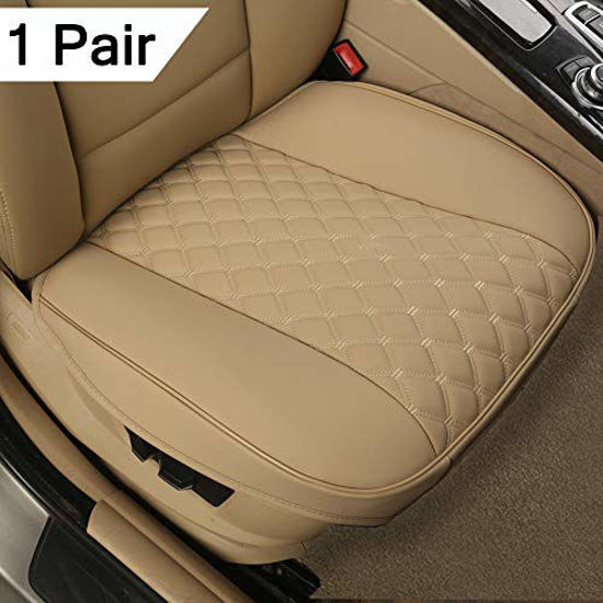 GetUSCart Black Panther 1 Pair PU Car Seat Covers Front Seat Protectors Compatible with 90 Vehicles Diamond Pattern Embroidery Anti Slip Full Wrapping Edge W 21.26 D 20.86 Beige