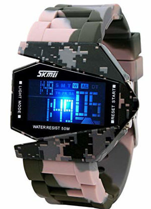 Picture of Gosasa Men Sports Military Watches Digital Airplane Shaped LED Colorful Light Watches (Black) (Camouflage Pink)