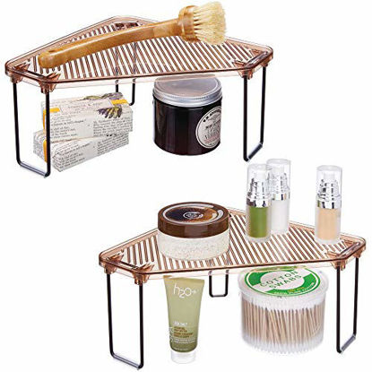 Picture of mDesign Corner Plastic/Metal Freestanding Stackable Organizer Shelf for Bathroom Vanity Countertop or Cabinet for Storing Cosmetics, Toiletries, Facial Wipes, Tissues, 2 Pack - Amber Brown/Bronze
