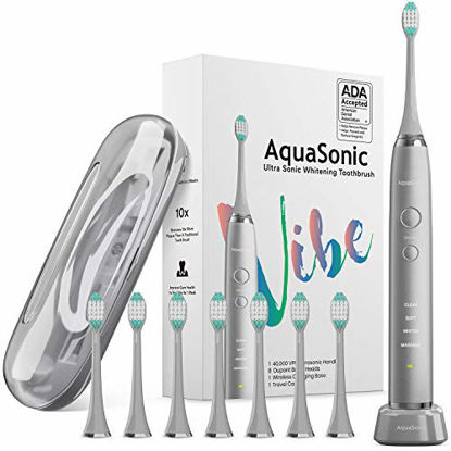 Picture of AquaSonic Vibe Series Ultra Whitening Toothbrush - ADA Accepted Electric Toothbrush - 8 Brush Heads & Travel Case - Ultra Sonic Motor & Wireless Charging - 4 Modes w Smart Timer - Charcoal Metallic