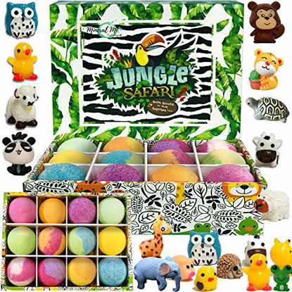 Picture of Bath Bombs for Kids with Toys Inside - Set of 12 Organic Bubble Bath Fizzies with Jungle Animal Toys. Gentle and Kids Safe Spa Bath Fizz Balls Kit. Birthday or Christmas Gift for Girls and Boys
