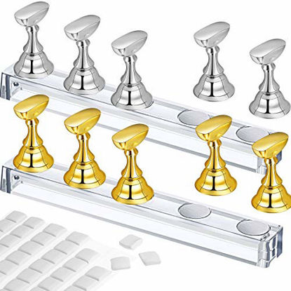 Picture of 2 Set Acrylic Nail Art Practice Stands Magnetic Nail Tips Holders Training Fingernail Display Stands DIY Nail Crystal Holders and 96 Pieces White Reusable Adhesive Putty (Gold and Silver)