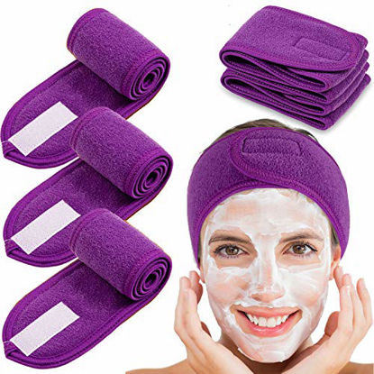 Picture of Spa Facial Headband Whaline 4 Packs Head Wrap Terry Cloth Headband Adjustable Stretch Towel for Bath, Makeup and Sport (Purple)