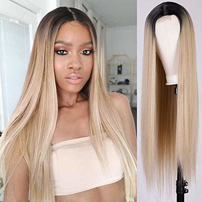 Picture of AISI QUEES Long Ombre Blond Wig for Women Dark Roots Middle Part Straight Ash Blonde Wig for Women Heat Resistant Wigs for Cosplay Daily Party Use 30 Inch