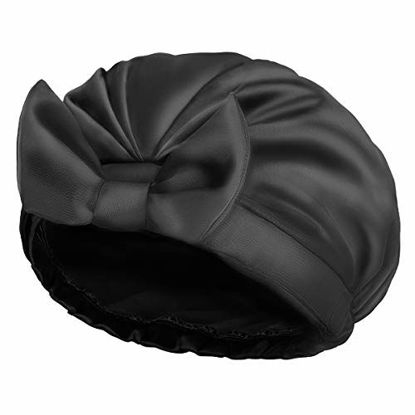 Picture of Auban Extra Large Shower Cap, Bowknot Double Layer Reusable Bath Hair Caps With Silky Satin for Women Beauty Bathing, Hair Spa, Home Hotel Travel Use (Black)