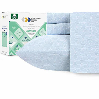 Picture of 600 Thread Count 4pc California King Urban Hex Blue Printed Sheet Set - 100% Cotton Bedsheets for Bed - Luxury Sheets Extra Long Staple Cotton, Soft Sateen Weave Fits Mattress 16'' Deep Pocket