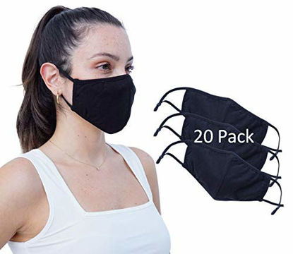 Picture of Simlu 20 Pack Premium Fabric Face Mask Reusable with Adjustable Elastic, 2 Layer,Cotton, Breathable, Nose Wire Black Cloth face Mask Washable Fits Men Women and Kids Made In USA