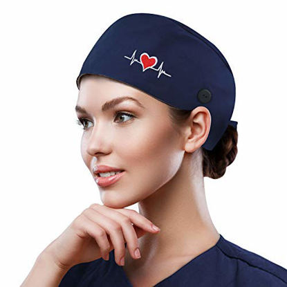 Picture of QBA Adjustable Working Cap with Button, Cotton Working Hat Sweatband, Elastic Bandage Tie Back Hats for Women & Men, One Size (Navy with ECG)