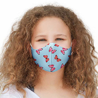 Picture of Youth Washable Face Mask - 3 Layers, 100% Cotton Inner Layer - Cloth Reusable Face Protection with Filter Pocket - Suitable for Indoor & Outdoor - Age: 6-12 (Blue Pink Butterfly)
