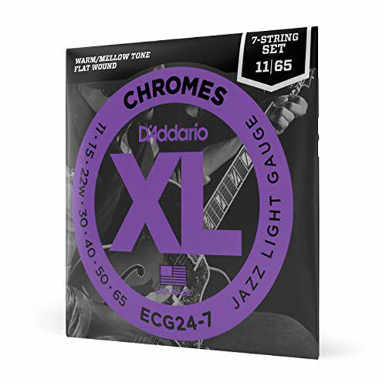 Picture of DAddario ECG24-7 XL Chromes Flat Wound Electric Guitar Strings, Jazz Light Gauge, 11-65 (1 Set) - Ribbon Wound and Polished for Ultra-Smooth Feel and Warm, Mellow Tone - Sealed Pouch Prevents Corrosion