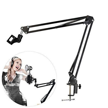 Picture of Selfie Microphone Arm Stand, Microphone Adjustable Desk Suspension Boom Scissor Arm with Mic Clip Holder & Table Mounting Clamp, heavy duty Microphone Mount for DJ, music recorder and computer PC game