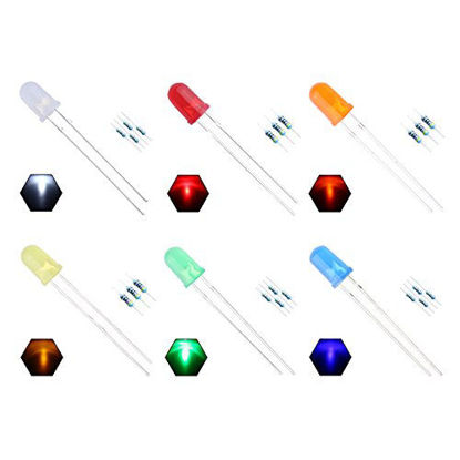 Picture of EDGELEC 5mm 6 Colors x 20pcs (120pcs) Assorted Colors Lights LED Diodes (Colored Lens) Diffused Round Lens 29mm Long Lead +200pcs Resistors (for DC 6-12V) Included,Bulb Lamps Light Emitting Diode