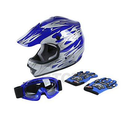 Picture of TCMT Dot Youth & Kids Motocross Offroad Street Helmet Blue Flame Motorcycle Youth Helmet Dirt Bike Motocross ATV Helmet+Goggles+Gloves