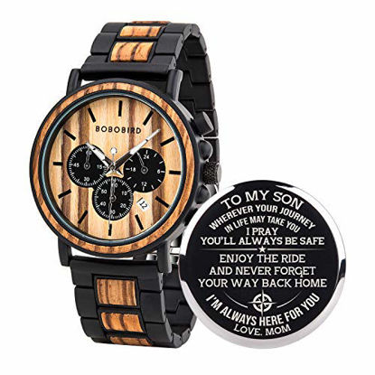 Picture of BOBO BIRD Mens Personalized Engraved Wooden Watches, Stylish Wood & Stainless Steel Combined Quartz Casual Wristwatches for Men Family Friends Customized Watch(B-for Son from Mom)