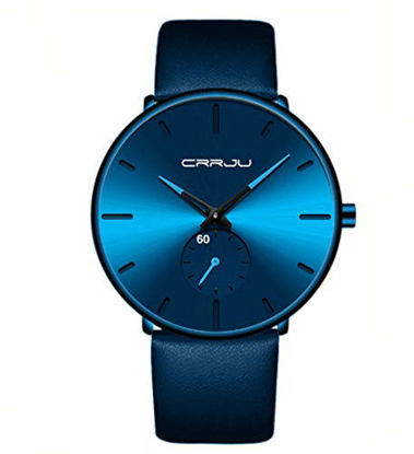 Picture of Mens Watches Ultra-Thin Minimalist Waterproof-Fashion Wrist Watch for Men Unisex Dress with Blue Leather Band-Blue Hands Blue Face