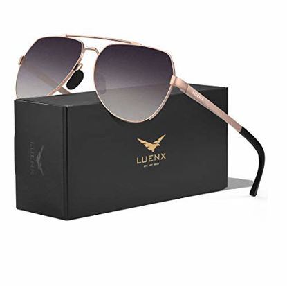 Picture of LUENX Women Aviator Sunglasses Polarized Shades Flexible Spring Hinge - Gradient Purple Lens Rose Gold Metal Frame 60mm