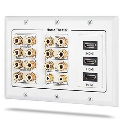 Picture of 3 Gang Wall Plate, Fosmon (3-Gang 7.2 Surround Sound Distribution) Home Theater Copper Banana Binding Post Coupler Type Wall Plated for 7 Speakers, 2 RCA Jacks for Subwoofers & 3 HDMI Ports