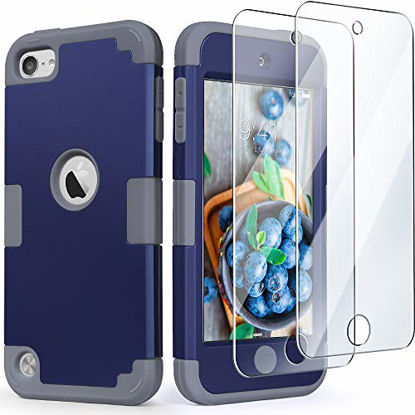 Picture of iPod Touch Armor Case with 2 Screen Protectors, IDweel 3 in 1 Hard PC Case + Silicone Shockproof for Kids Heavy Duty Hard Case Cover for 2019 iPod Touch 7th/6th/5th Generation, Navy Blue + Gray