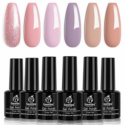 Picture of Beetles Gel Nail Polish Set, Blushed Pink Collection Pink Purple Glitter Nude Gel Polish Nail Lacquer Kit Nail Art Manicure at Home Kit, 7.3ml Each Bottle