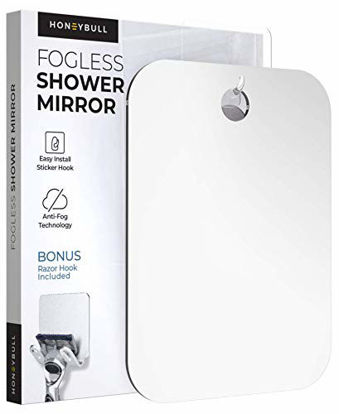 Picture of HONEYBULL Shower Mirror (Large 8x10 inches) Flat Fogless Mirror with Razor Hook, Travel Sized, Anti Fog Technology, Waterproof & Shatterproof, Bathroom Accessories for Men & Women
