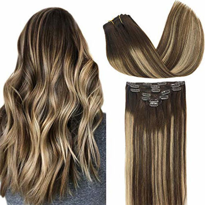 Picture of GOO GOO Remy Hair Extensions Clip in Human Hair Ombre Chocolate Brown to Honey Blonde 22 Inch 120g 7pcs Real Hair Extensions Clip in Straight Thick Natural Hair Extensions