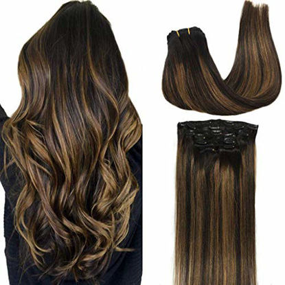 Picture of GOO GOO Clip in Hair Extensions Balayage Natural Black to Chestnut Brown Clip in Remy Hair Extensions 100% Real Human Hair 7 Pieces 120g 20 inch Silky Straight