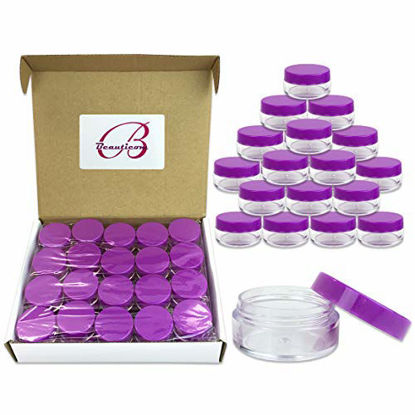 Picture of 40 New empty 10 Gram (0.35 oz) Plastic Pot Jars with Lids for Lip Balms, Salves, Creams, Cosmetics, Nail Accessories, Rhinestones, Herbs, Spices - BPA Free (Purple Screw Lid)