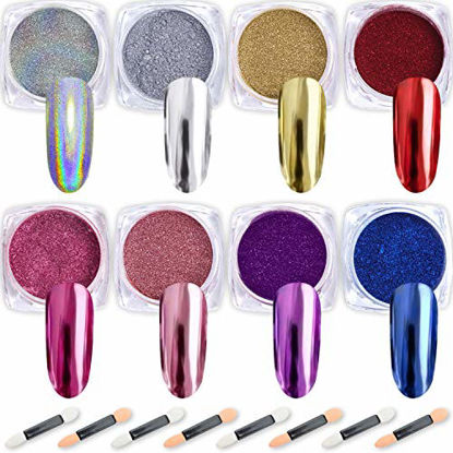 Picture of Nail Powder Wenida 8 Colors 1g/Jar Holographic Chrome Mirror Laser Synthetic Resin Pigment Manicure Art Decoration With 8pcs Eyeshadow Sticks