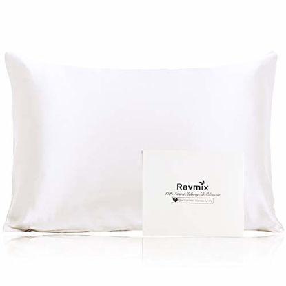 Picture of Ravmix Silk Pillowcase for Hair and Skin Standard Size with Hidden Zipper, Both Sides 21 Momme 600TC Hypoallergenic 100% Mulberry Silk Pillow Case, 20×26inches, 1PCS, Ivory White