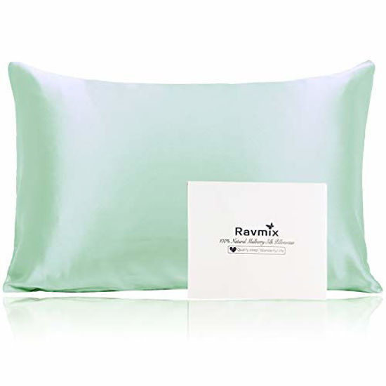 Picture of Ravmix Both Sides 100% Silk Pillowcase for Hair and Skin Queen with Hidden Zipper 21 Momme 600 Thread Count Hypoallergenic Soft Breathable Mulberry Silk Pillow Cover, 1pcs, 20×30inches, Mint Green