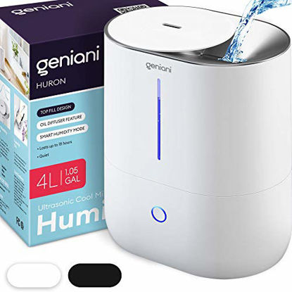 Picture of GENIANI Top Fill Cool Mist Humidifiers for Bedroom & Essential Oil Diffuser - Smart Aroma Ultrasonic Humidifier for Home, Baby, Large Room with Auto Shut Off, 4L Easy to Clean Water Tank (4L, White)
