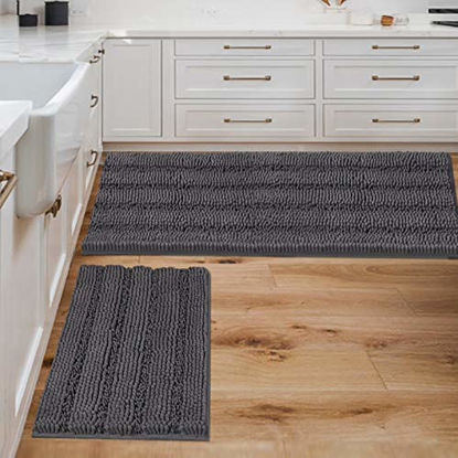 Picture of Bathroom Rugs Bath Mats Sets Super Absorbent Chenille Striped Bath Mats Non Skid Machine Wash Dry Rugs for Bathroom Floor Set of 2(Grey, 47 x 17 Plus 17 x 24 - Inches)