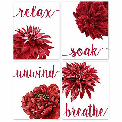 Picture of Relax Soak Unwind Breathe Red Blend Bathroom Flower Poster Prints, Set of 4 (8x10) Unframed Photos, Wall Art Decor Gifts Under 20 for Home, Office, Salon, College Student, Teacher, Floral Fan