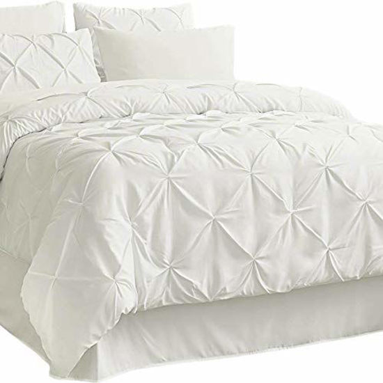 Picture of Bedsure 8 Pieces Bed in a Bag Queen Size Deep Pocket Comforter Set(Comforter, Flat Sheet, Fitted Sheet, Bed Skirt, 2 Pillow Shams, 2 Pillowcases) Off-White Pinch Pleat Down Alternative (88X88 inches)