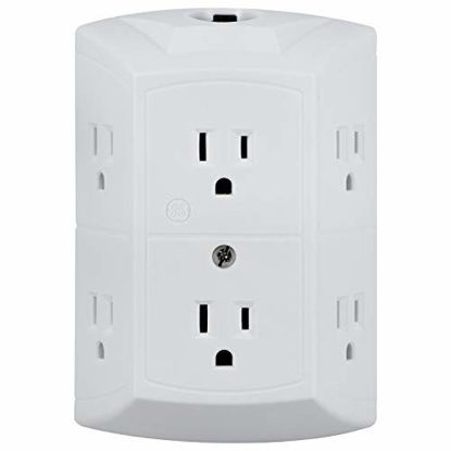 Picture of GE 6-Outlet Wall Tap, Reset Button, Circuit Breaker, Power Outlet Extender, Adapter Spaced Outlets, 3 Prong Plug, Grounded, UL Listed, White, 56575