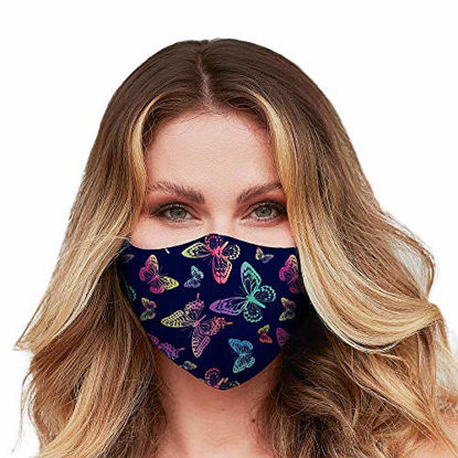 Picture of Washable Face Mask with Adjustable Ear Loops & Nose Wire - 3 Layers, 100% Cotton Inner Layer - Cloth Reusable Face Protection with Filter Pocket - Made in USA - (Neon Butterfly