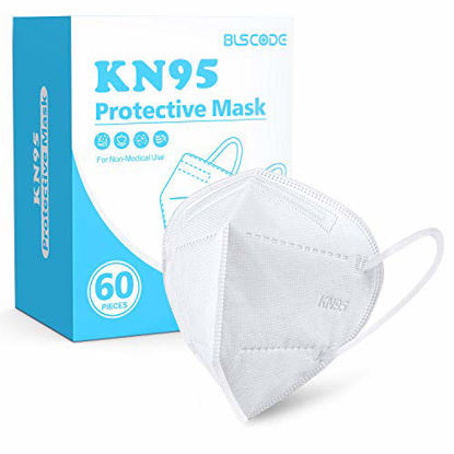 Picture of KN95 Face Masks (60pcs White), BLScode Individually Wrapped 5-Layer Breathable Cup Dust Mask with Comfortable Elastic Ear Loops, Filter Efficiency95%