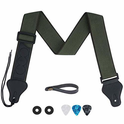 Picture of Tifanso Guitar Strap, Soft Cotton Guitar Straps With 3 Pick Holders, Strap Button Headstock Adaptor, 1 Pair Strap Locks and 3 Guitar Picks Set For electric/Acoustic Guitar (Army Green)