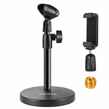 Picture of BILIONE 3 in 1 Multi-Function Desktop Microphone Stand, Adjustable Table Mic Stand with Microphone Clip, Cell Phone Clip, 5/8" Male to 3/8" Female Metal Adapter