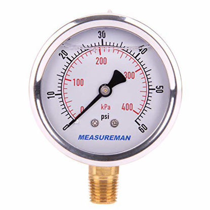 Picture of Measureman 2-1/2" Dial Size, Liquid Filled Pressure Gauge, 0-60psi/kpa, 304 Stainless Steel Case, 1/4"NPT Lower Mount