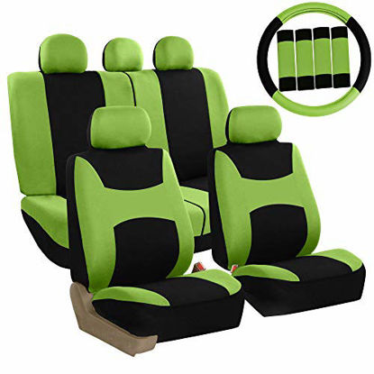 Picture of FH Group FB030GREEN-COMBO Seat Cover Combo Set with Steering Wheel Cover and Seat Belt Pad (Airbag Compatible and Split Bench Green)