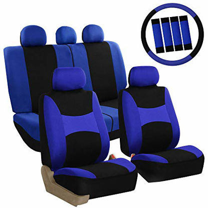 Picture of FH Group FB030BLUEBLACK-COMBO Seat Cover Combo Set with Steering Wheel Cover and Seat Belt Pad (Airbag Compatible and Split Bench Blue/Black)