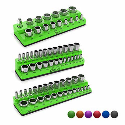 Picture of Olsa Tools Magnetic Socket Organizer | 3 Piece Socket Holder Kit | 1/2-inch, 3/8-inch, & 1/4-inch Drive | SAE Green | Holds 68 Sockets | Premium Quality Tools Organizer