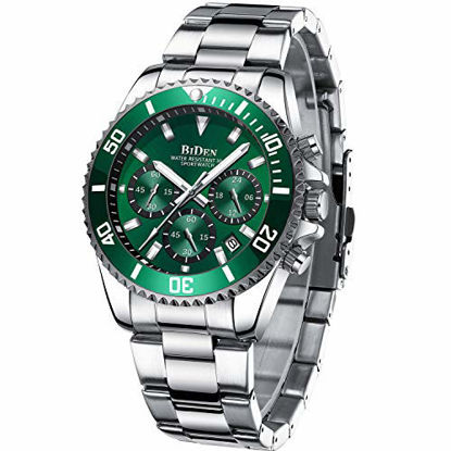 Picture of Mens Watches Chronograph Green Stainless Steel Waterproof Date Analog Quartz Watch Business Casual Fashion Wrist Watches for Men
