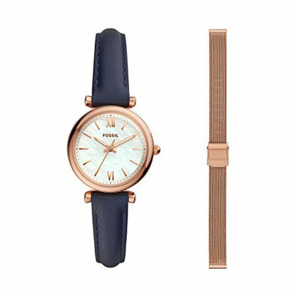 Picture of Fossil Women's Carlie Mini Quartz Leather Watch, Color: Blue & Women's 12mm Stainless Steel Mesh Watch Band, Color: Rose Gold
