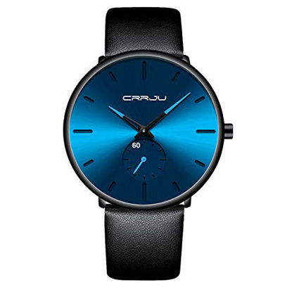 Picture of Mens Watches Ultra-Thin Minimalist Waterproof-Fashion Wrist Watch for Men Unisex Dress with Black Leather Band-Blue Hands Blue Face