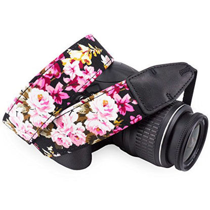 Picture of Wolven Pattern Cotton Camera Neck Shoulder Strap Belt Compatible with All DSLR/SLR/Men/Women etc, Black Flower