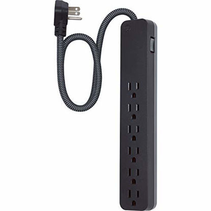 Picture of GE UltraPro 6 Outlet Surge Protector, 2 ft Designer Braided Extension Cord, Flat Plug, Long Power Cord, Wall Mount, Black, 44070