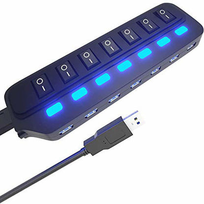 Picture of USB Hub 3.0 Splitter,7 Port USB Data Hub with Individual On/Off Switches and Lights for Laptop, PC, Computer, Mobile HDD, Flash Drive and More